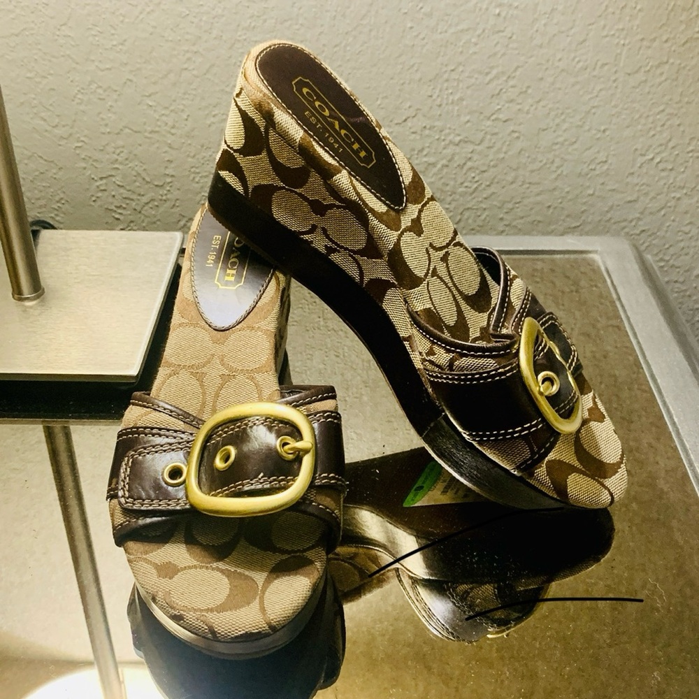 Coach Tan & Brown Signature Canvas Wedge Mules with Gold Buckle - Picture 2 of 7